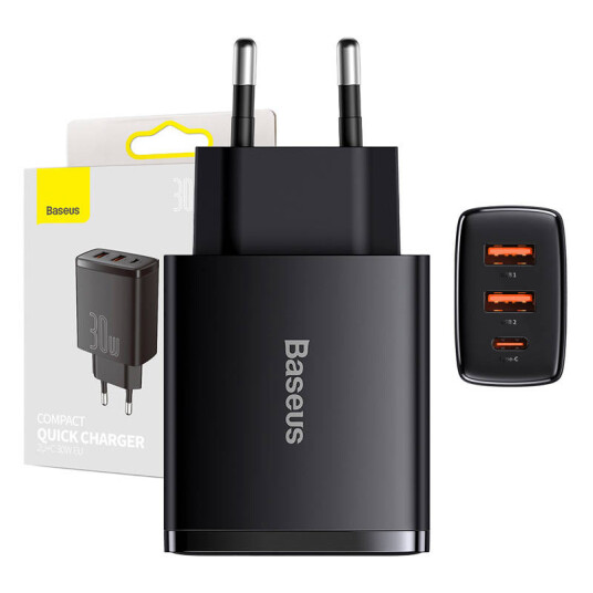 Baseus-lader Baseus kompakt hurtiglader, 2xUSB, USB-C, PD, 3A, 30W (svart)