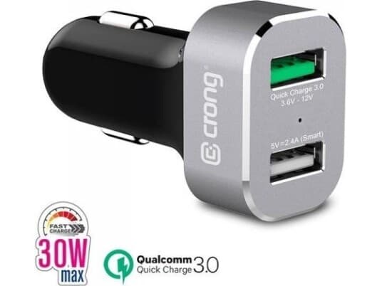 Crong Power Billader 30W - Usb Quickcharge 3.0 + Usb 2.4A Billader (Aluminium)