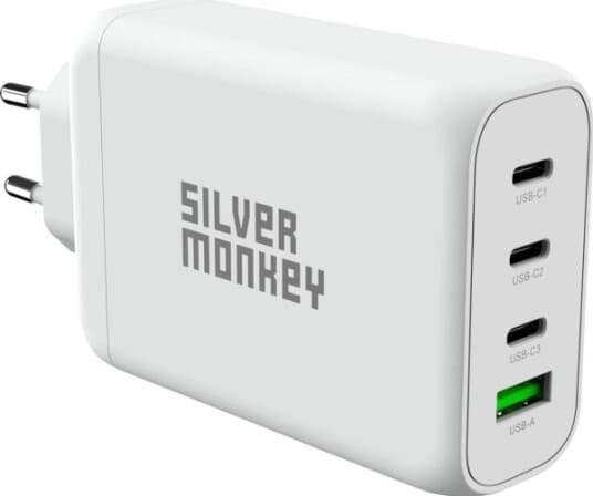 Silver Monkey Silver Monkey Gan 130W Vegglader: 3X Usb-C Pd, 1X Usb-A 3.0 Qc, Hvit