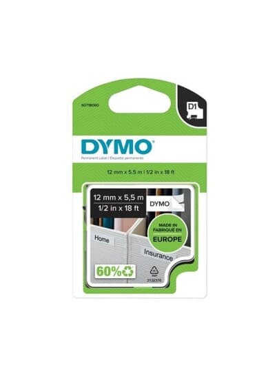 DYMO D1 12mm Permanent, Sort/Hvit