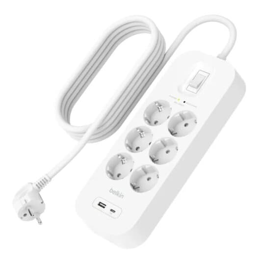 Belkin Connect - Overspenningsavleder - Med Usb-C- Og Usb-A-Porter - Utgangskontakter: 6 - 2 M Kabel