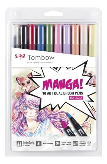 Tombow Abt-10C-Manga2, Fin/Medium, 10 Farger, Svart, Blå, Grønn, Grå, Oransje, Rosa, Gult, Kulespiss Og Penselpenn, Flerfarget, Rund