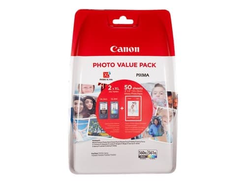 Canon Pg-560Xl/Cl-561Xl Photo Value Pack - Blank - 2-Pack - Høy Ytelse - Svart, Farge (Cyan, Magenta, Gul) - Original - 100 X 150 Mm 50 Ark Blekkpatron/Papirsett - For Pixma Ts5350, Ts5351, Ts5352, Ts5353, Ts7450, Ts7451