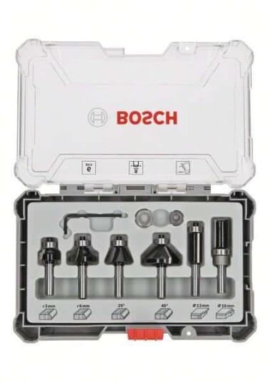 Bosch - Routerspissett - For Kryssfinér, Bløtt Tre, Løvtre, Medium-Density Fibreboard (Mdf), Sponplater - Chamfer, Round Over, Flush Trim, Straight - 6 Deler - 25 Mm, 13 Mm, 16 Mm, 35 Mm, 19 Mm - Lengde: 56 Mm, 51 Mm, 54 Mm, 65 Mm, 55 Mm - Bredde: 3