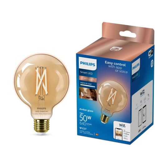 Philips Smart - Led-Filamentlyspære - Form: G95 - E27 - 7 W (Ekvivalent 50 W) - Klasse F - Varm Til Kjølig Hvitt Lys - 2000-5000 K - Ravgul