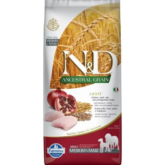 Farmina N&D Ancestral Grain Dog Light - Chicken. Spelt.Oats And Pomegranate Adult Medium & Maxi 12Kg