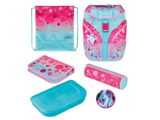 Herlitz Softlight Plus Greenline Pink Bubbles, Pencil Pouch, Sport Bag, Lunchboks, Pennal, Skolesekk, Jente, Barneskole, Ryggsekk, 16 L, Sidelomme